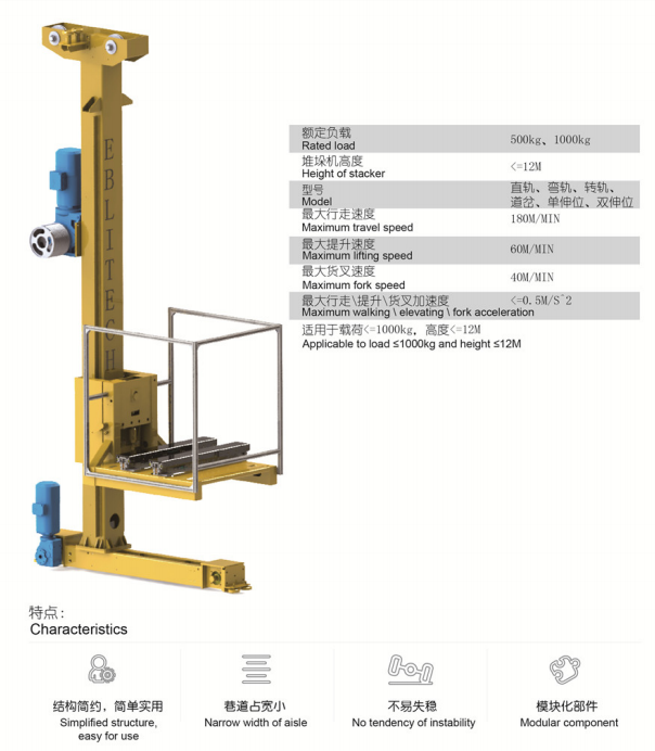 Space Saving ASRS Systems Automated Single Column Stacker Crane Max 5T